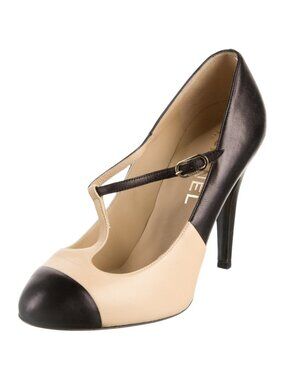 Chanel Beige Black Cap Toe Interlocking CC Logo T-Strap Leather Pumps